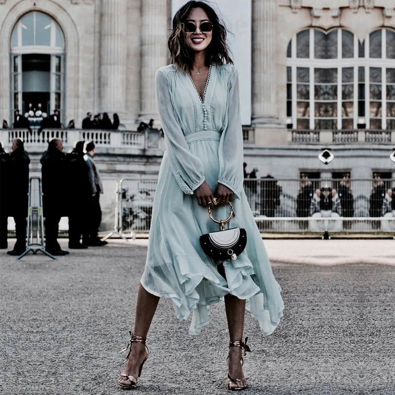 

New Sping Autumn Vintage Buttons V-neck Lantern Sleeve Women Dress 2018 Irregular Chiffon Pleated Midi Dress Female