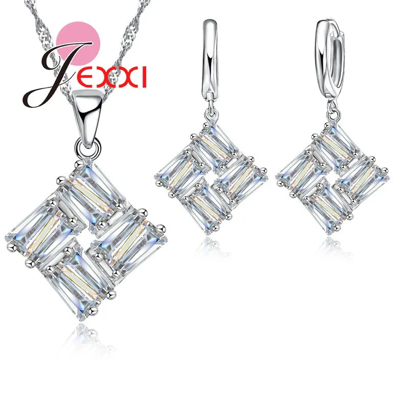Высокое качество, квадратный циркониевый кристалл, 925 пробы, серебряная подвеска, ожерелья, серьги-кольца, свадебный ювелирный набор