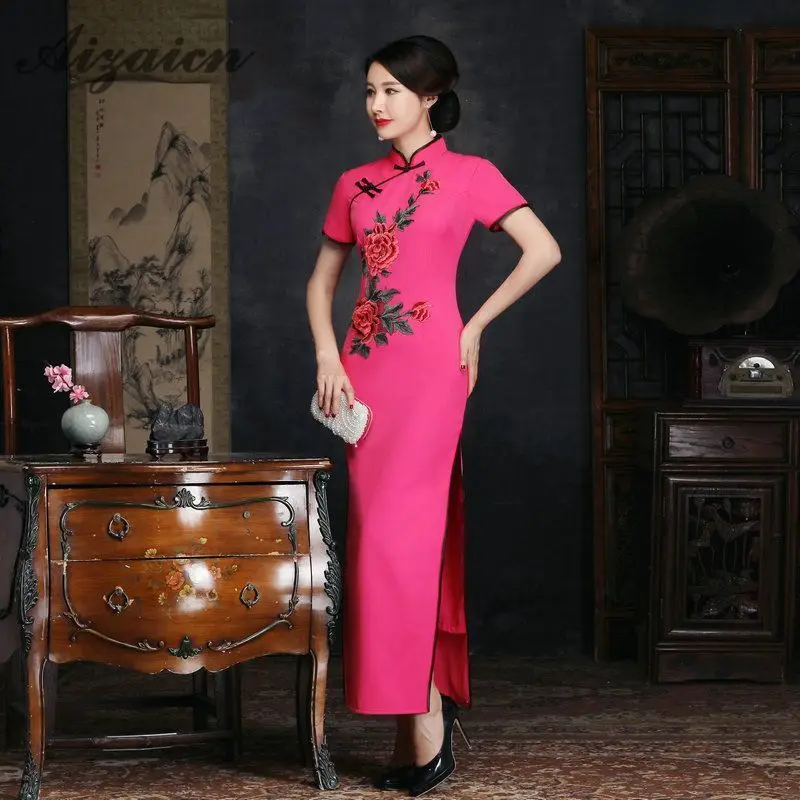 Шелк Длинные Cheongsam Qipao для женщин Формальные Vestidos Красный пикантные китайское традиционное платье костюмы плюс размеры восточные платья