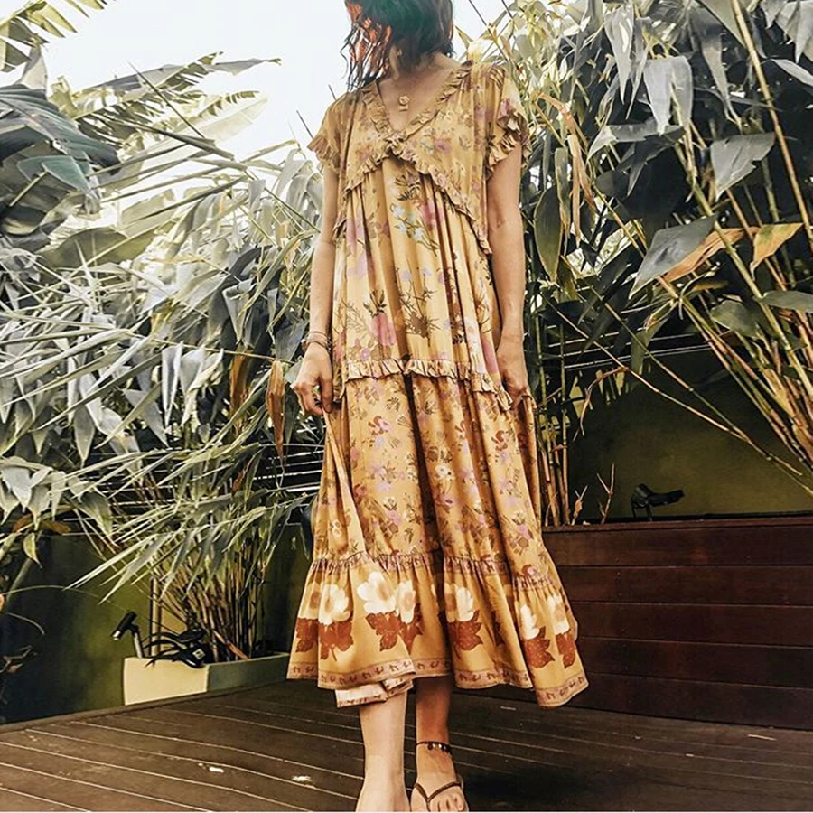 TEELYNN boho платье для женщин wild bloom 2019 осенние платья искусственный шелк желтый