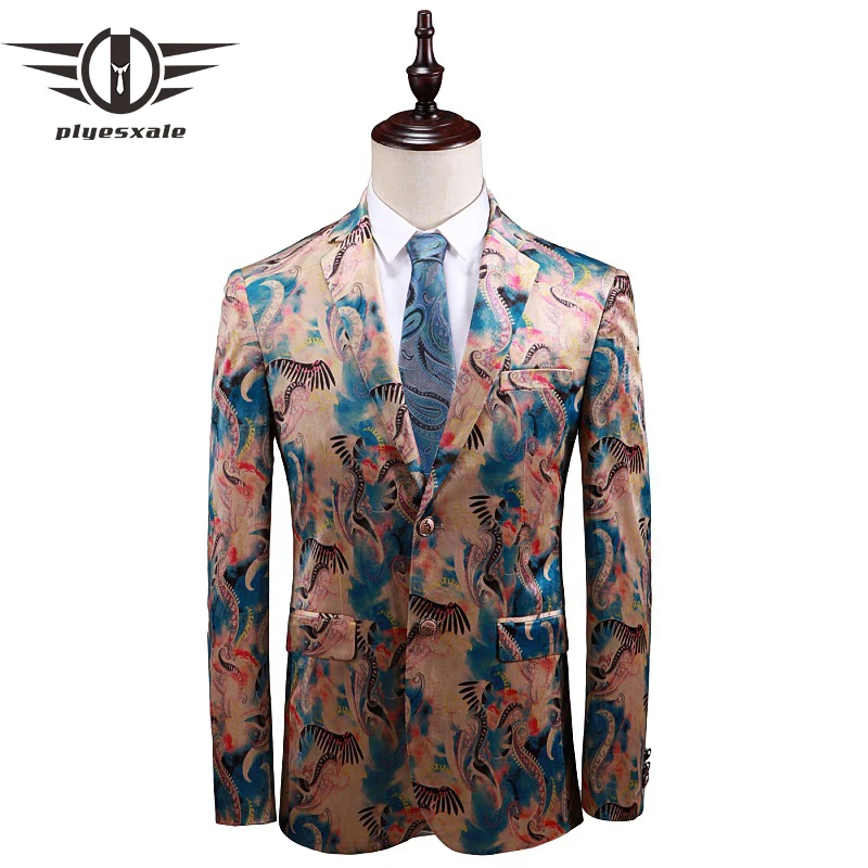 

Plyesxale Slim Fit Mens Printed Blazers High Quality Stylish Mens Blazer Jacket 5XL Party Prom Blazer For Men 2019 Spring Q116