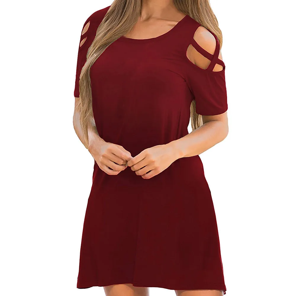Summer Women Midi Dress 2018 Elegant Solid Cross Cold Shoulder Short