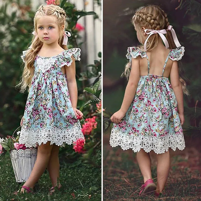 

Lovely Girls Summer Floral Dress Hollow Out Lace Mini Dress For Children Girls Out Wear Party Dress Sweet Dresses