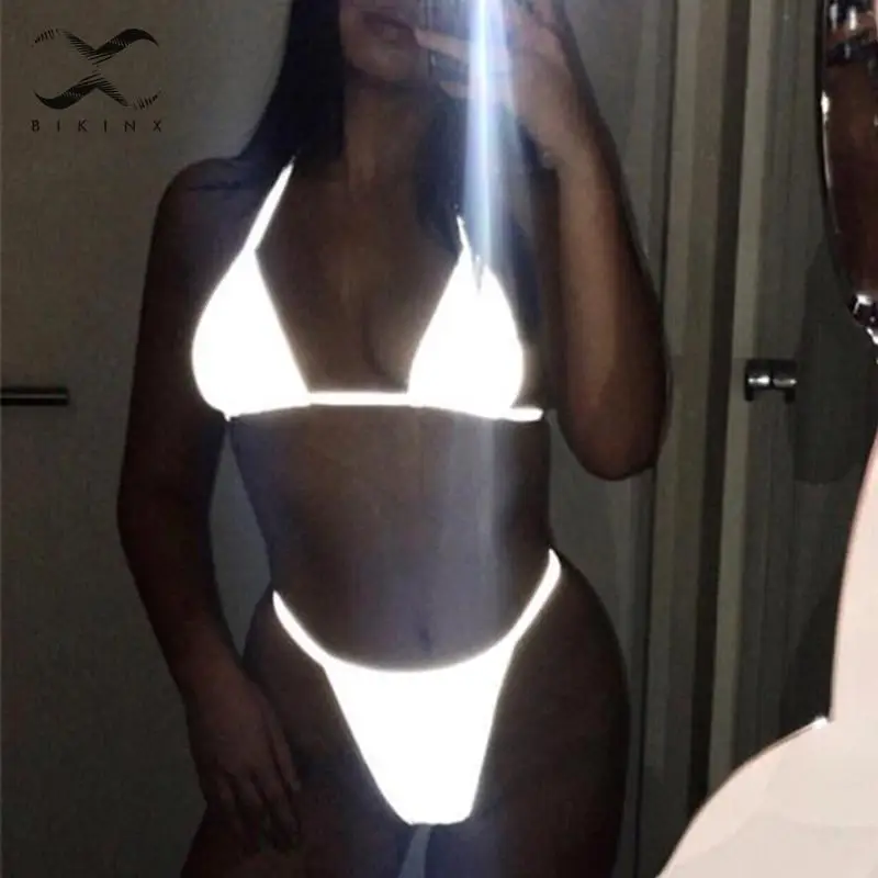 

Reflective bikini 2019 Sexy thong Brazilian biquini Solid Triangle swimsuit female High cut swimwear women Shiny bathing suit