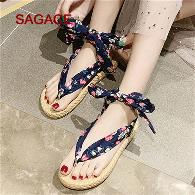 Sandalias con cordones de Mujer, zapatos de punta redonda de talla grande, Sandalias planas con tela, zapatos, Sandalias bajas con flores|Sandalias de mujer| - AliExpress