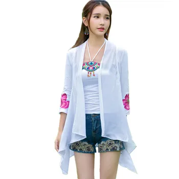 

New 2019 Brand Summer Women Embroidery Sun-protective Clothing Vintage Chiffon Tops Tee Casual Long Sleeve Cape Cardigan Clothes