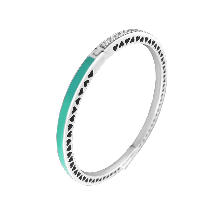 

1 PCS Radiant Hearts Bright Mint Enamel Bangle 100% 925 Sterling Silver Jewelry Silver Bracelets Bangles for Women DIY Jewelry