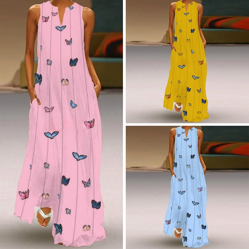 Бабочка Цветочные Boho женские летние пляжные v-образным вырезом карман без рукавов Макси праздничное платье