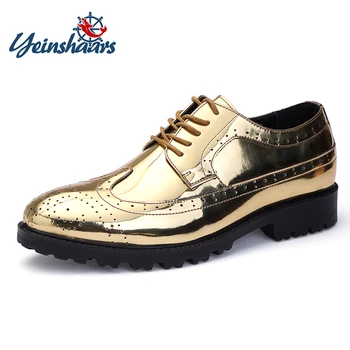 

YEINSHAARS Plus Size 38-47 Brock Men's Lace Wild Matte Gold Silver Leather Carved Men's Shoes Genuine Leather Mens Dress Shoes
