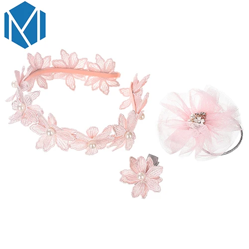 M MISM 1 комплект = 3 шт. Детская повязка для волос с цветочным рисунком красивая принцесса резинки для волос аксессуары милые заколки для девочек повязка на голову - Цвет: pink
