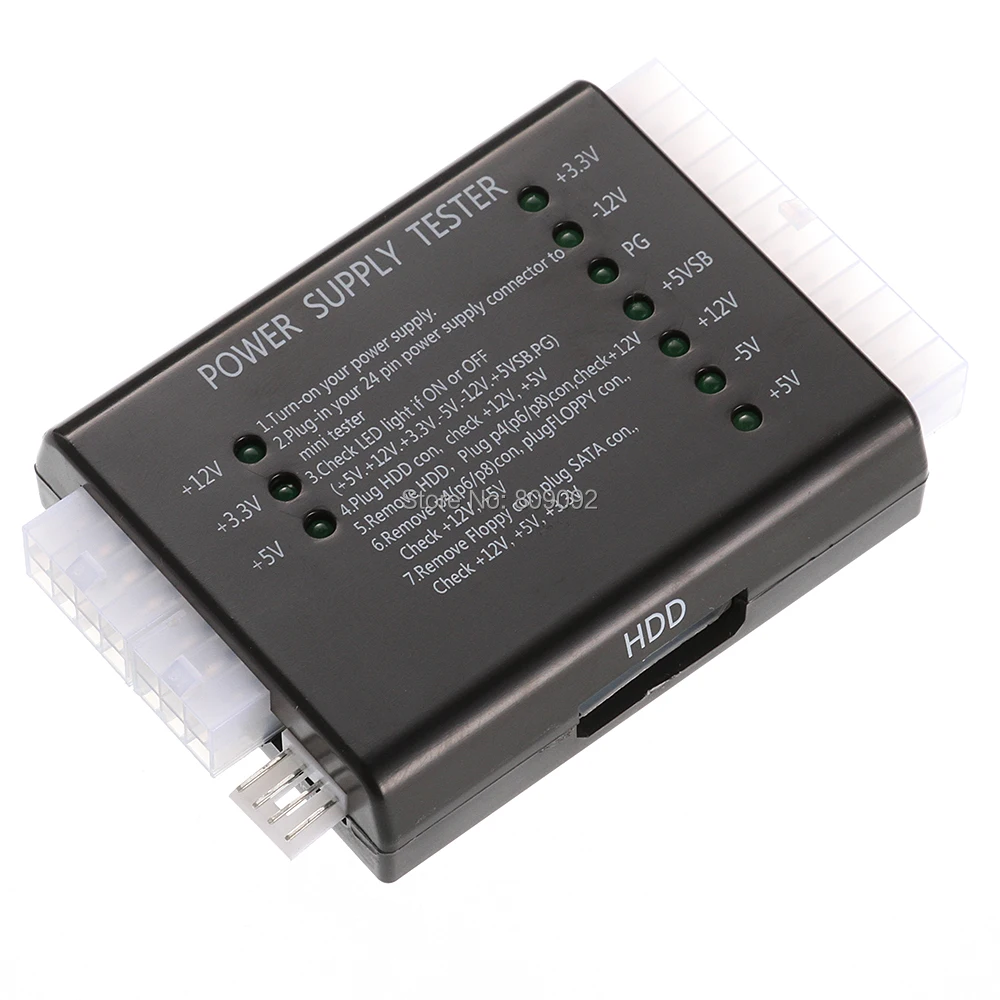 

PC Computer ATX SATA HDD Power Supply Tester LED Indication 20 24pin PSU Diagnostic Tool testing for Anode Cathode 12V 5V 3.3V