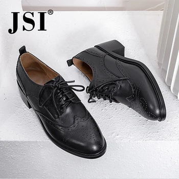 

JSI Casual Pumps Woman Square Med Chunky Heel Genuine Leather Lace-up Dress Shoes Lady Fashion Cross-tied Round Toe Pumps JO16