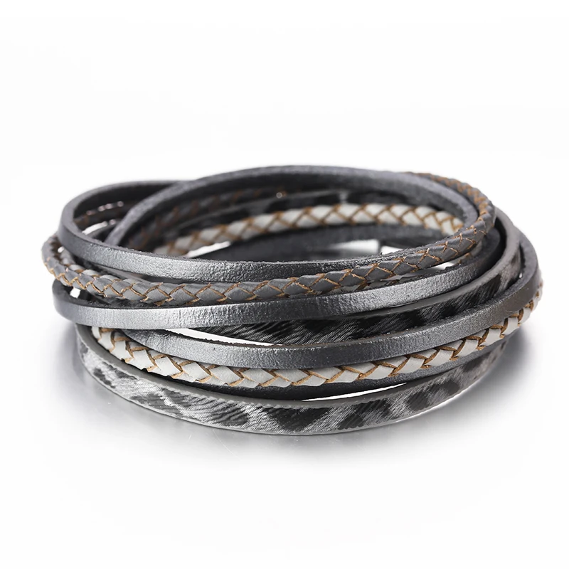 Amorcome леопардовые браслеты для женщин ювелирные изделия ручная работа Плетеный женский Многослойный кожаный браслет - Окраска металла: Gray