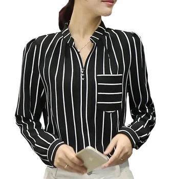 

Chiffon Blouse Striped Pullover Autumn Korean Fashion Blouses Woman Stand Pockets Long Sleeve Shirts Casual Elegant Ladies Tops