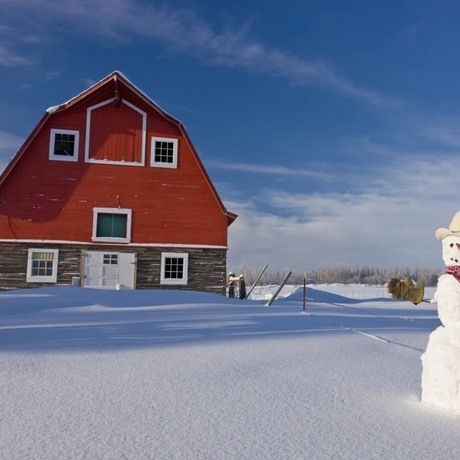 Snowman Dressed Up As A Cowboy Standing In Front Of A Vintage Red Barn In Winter;Palmer Alaska Usa Print (19 x 12)