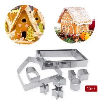 

10pcs Stainless Steel 3D Christmas Gingerbread House Cake Cookie Cutters Set Biscuit Mold Fondant Cutter Baking Tool