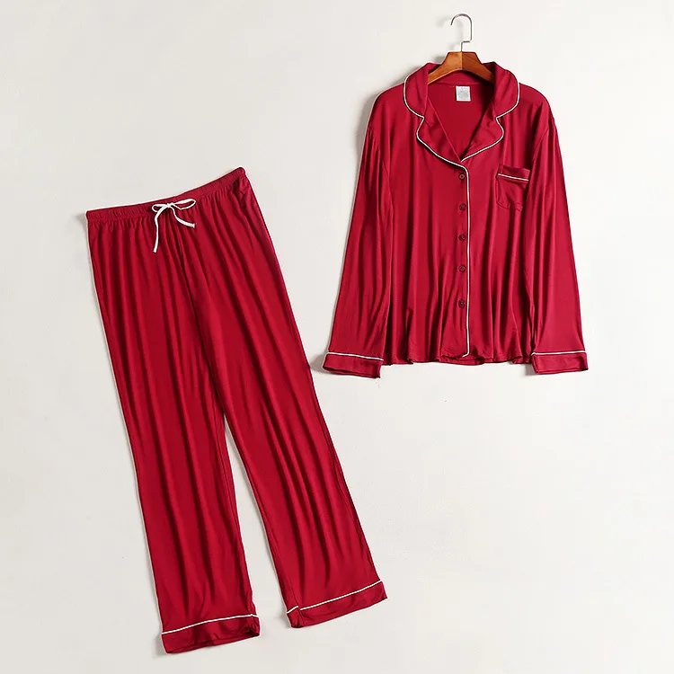 Женская спальная Пижама с отложным воротником, шелковое женское белье с длинными штанами, однотонная Пижама - Цвет: Красный