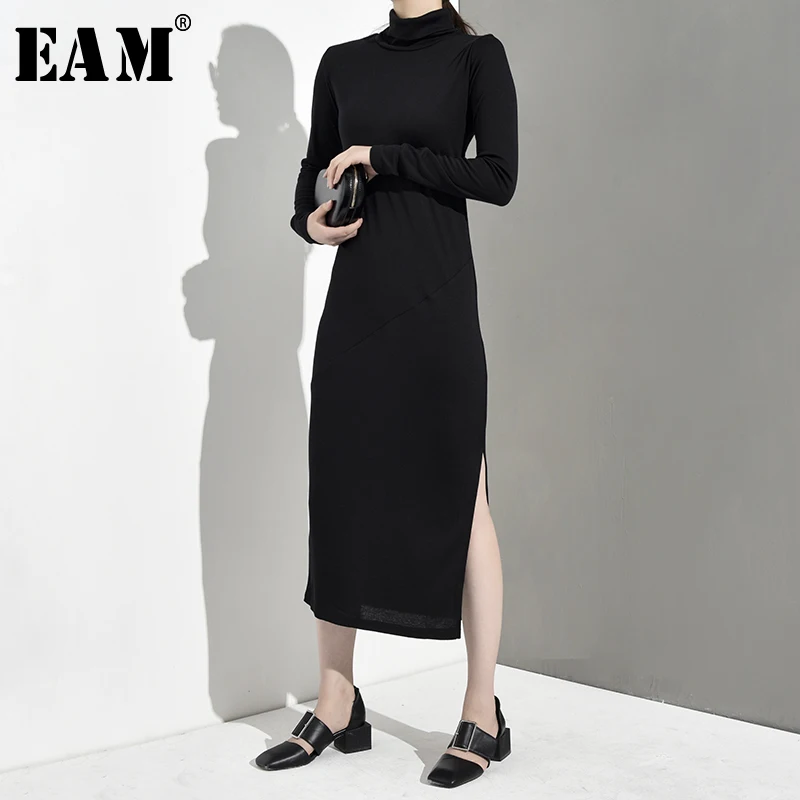 

[EAM] 2019 New Autumn Winter High Collar Long Sleeve Black Loose Long High Vent Knitting Dress Women Fashion Tide JO2620