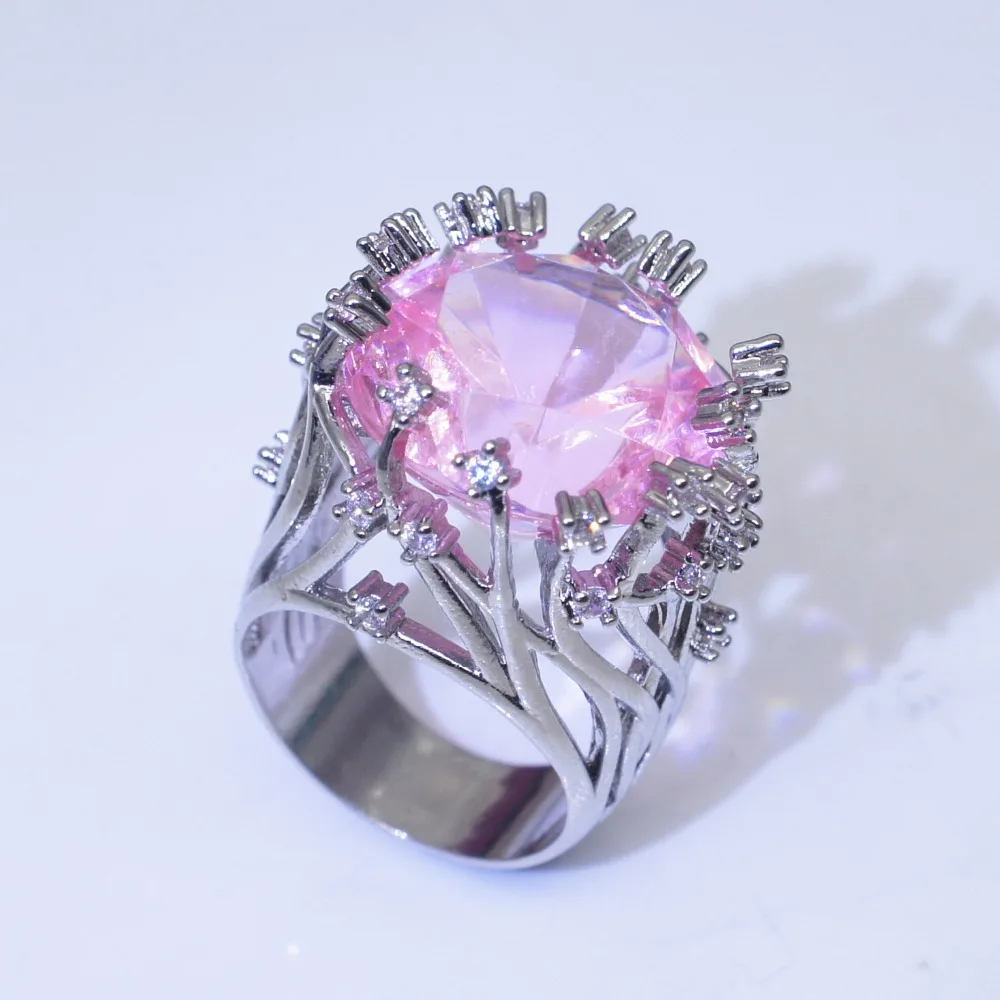 Новое модное кольцо с большим розовым циркониевым камнем для женщин и девушек, роскошное 925 Серебряное свадебное ювелирное изделие, кольца для помолвки для женщин