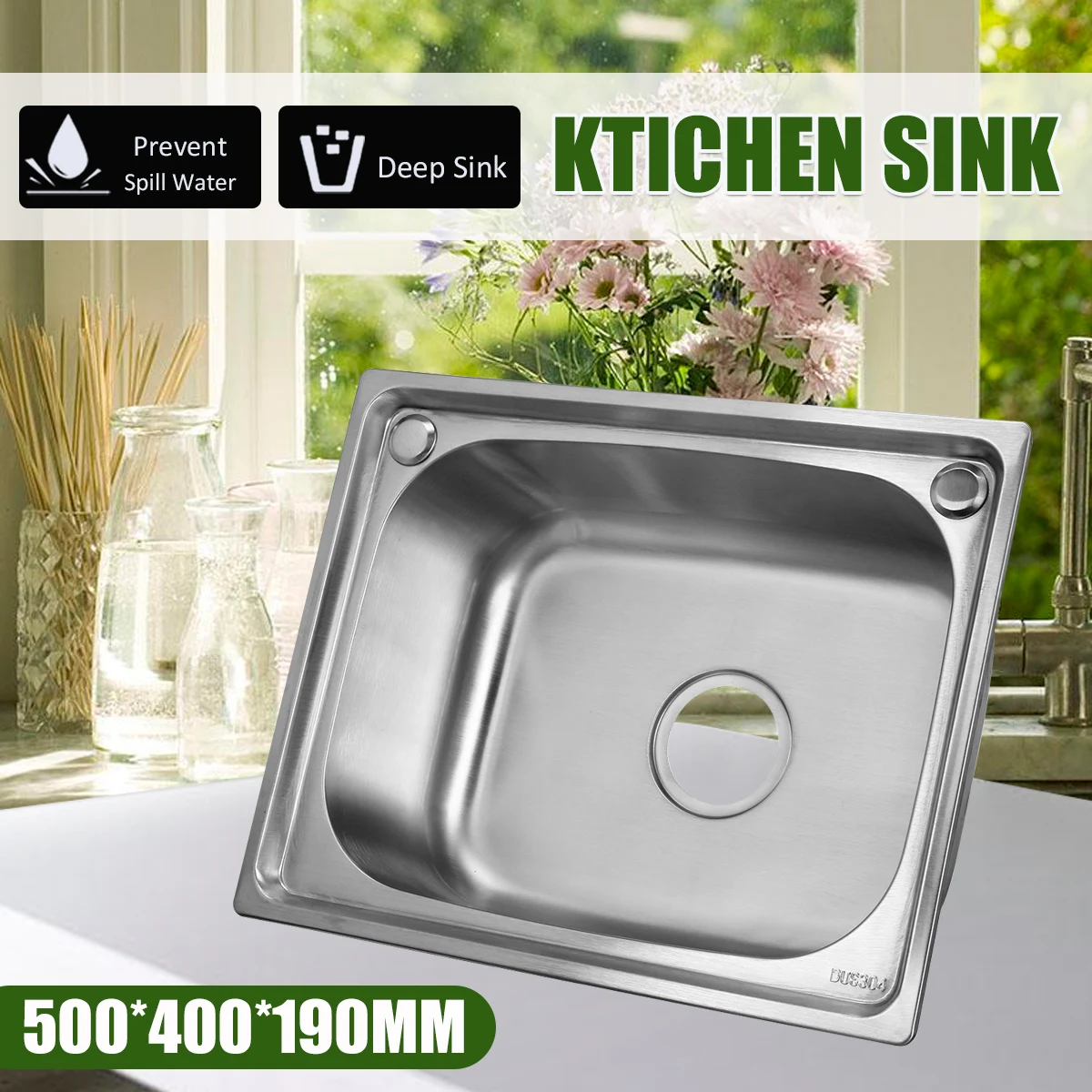 

Xueqin 500x400x190mm Square Single Bowl 201Stainless Steel Ktichen Sink Basin Single Hole Laundry Dishes WashTopmount Undermount