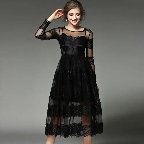 

Vetement Femme 2019 Spring Black Lace Dress Women Slim Waist Embroideried Party Office Long Dresses Mid-Calf Vestidos ZN143