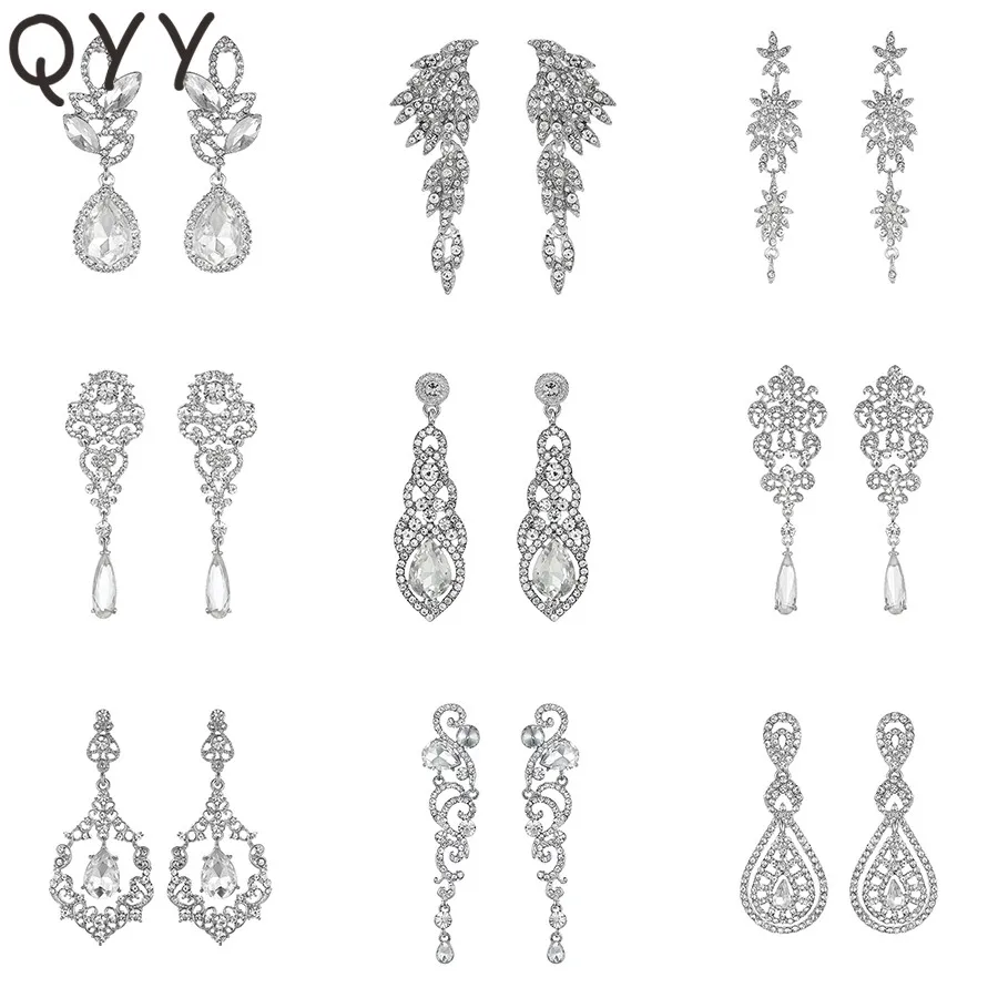 QYY Fashion Austrian Crystal Wedding Water Drop Earrings for Bride Bridesmaids Alloy Bridal Party Earrings