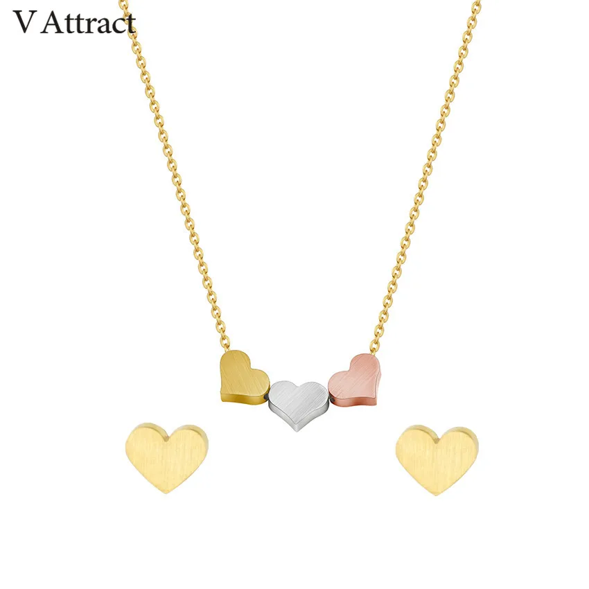 

V Attract Stainless Steel Heart Statment Necklace Jewelry Set For Women Bijoux Mariage Fashion Gold Filled Choker Stud Earrings