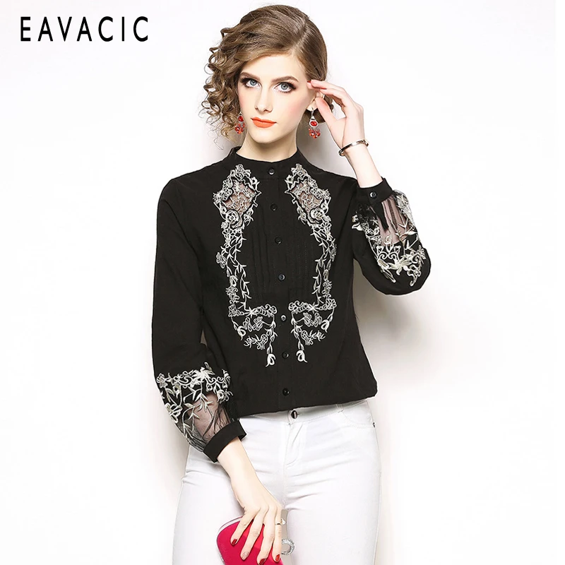 

EAVACIC 2019 Fashion Female Clothing Embroidery Blouse Shirt Cotton Flower Embroidered Tops