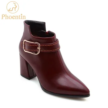 

Wine red boots 2019 pu leather booties womens shoes with zipper solid color buckle martin boots zip plus size PHOENTIN PH060