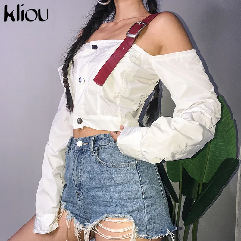 kliou Новая женская укороченная однотонная рубашка с длинным пышным рукавом на бретелях ремнях с квадратным вырезом на пуговицах