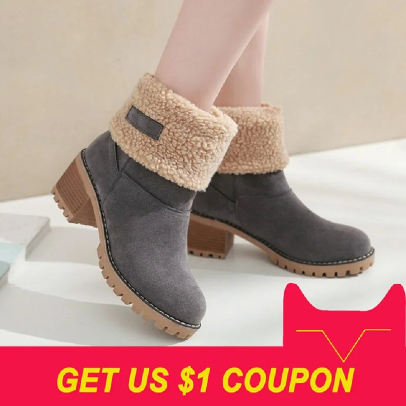 

New 2018 Women Boots Winter Shoes women warm fur Snow Boots Non-slip Square heel platform Ankle Boots for women big size 35-43