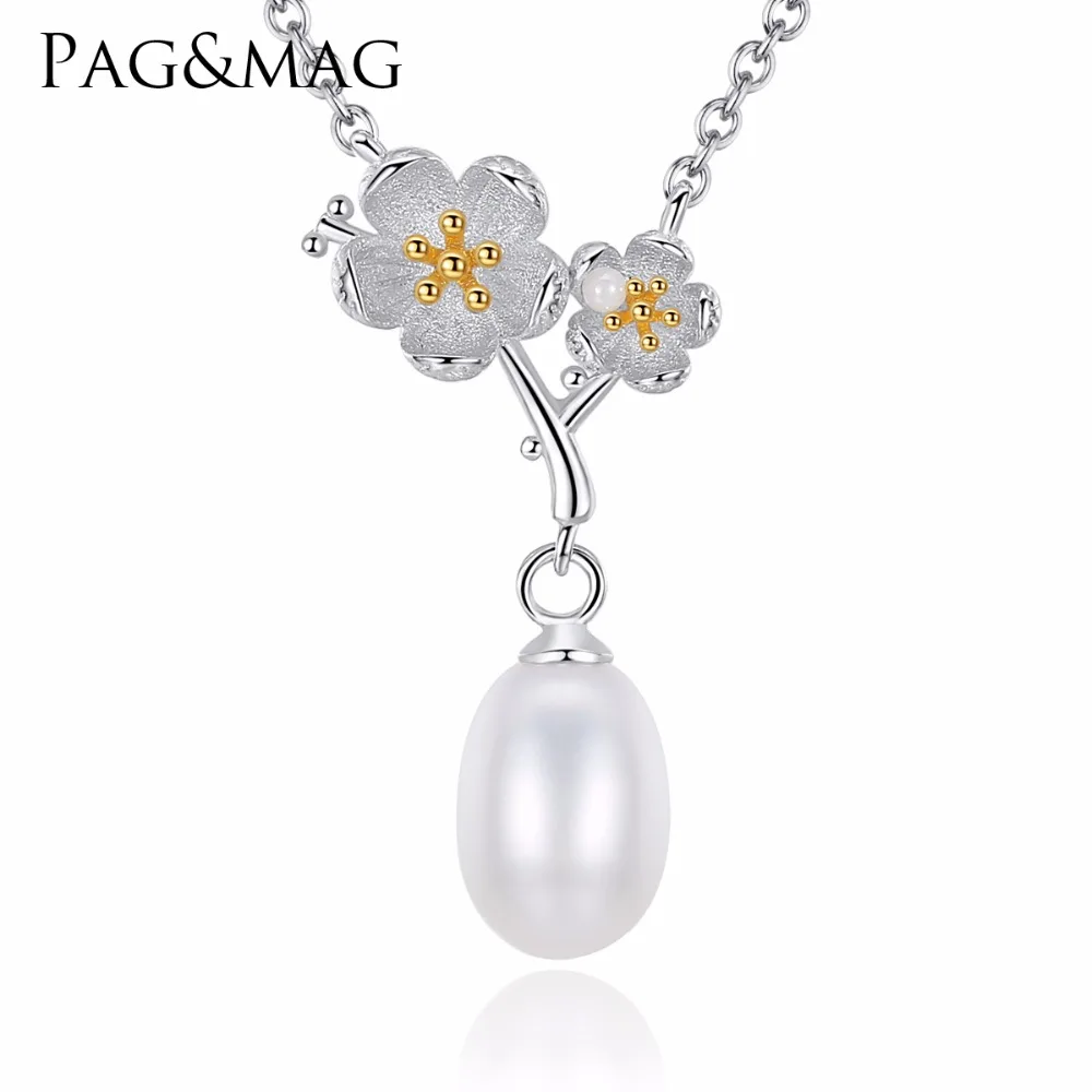 

PAG MAG Brand Real 925 Sterling Silver Natural Pearl Handmade Fine Jewelry Fresh Clover Flower Pendant Necklace for Women Colar