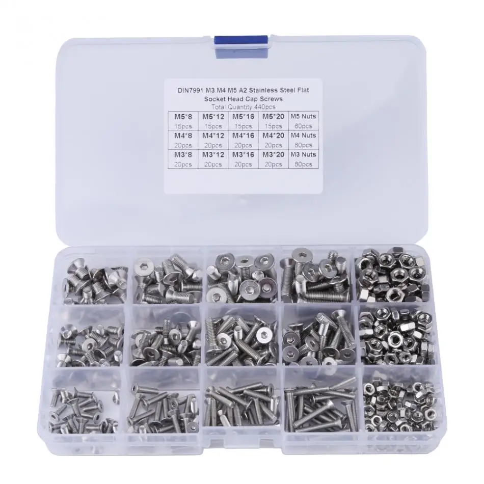 Tornillos Con Tuercas Surtido Kit 304 Tornillos y Tuercas de Acero Inoxidable M5 Acero Inoxidable Hexagonal Tornillos Con Caja de Almacenamiento