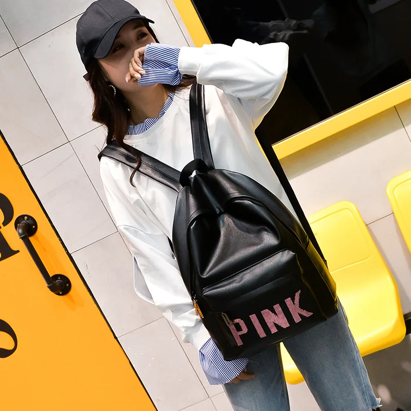 Women Leather Backpack Pink Letter Bolsas Mochila Feminina Large Girl Schoolbag Travel Bag School Backpacks Black Bagpack