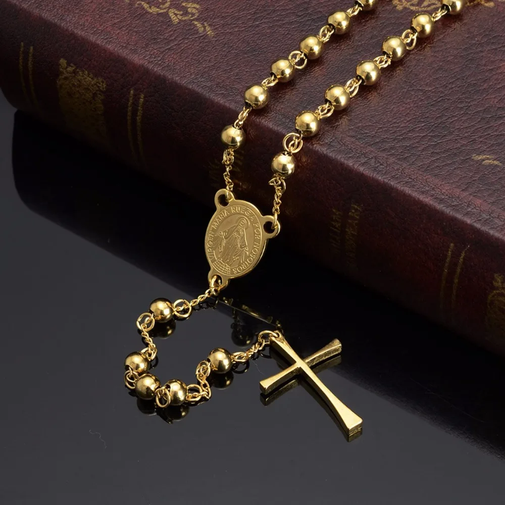 

6mm Wide Top Quality Gold Color Stainless Steel Jesus's Rosary Chain Necklace Smooth Cross Pendant For Biker Men's Neck Jewelry