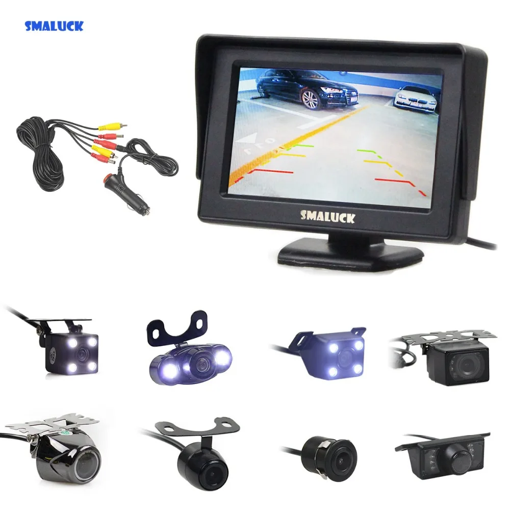 

SMALUCK 4.3inch Car Monitor Auto Parking System Video Night Vision Backup Reverse Camera Car Rear View Camera free Car Charger