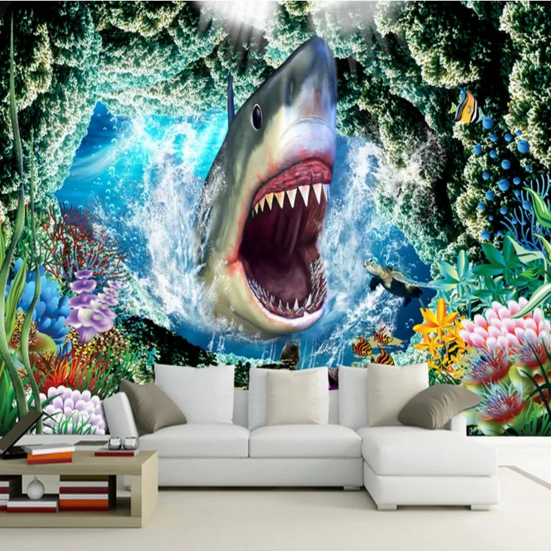 Custom 3D photo wallpaper 3D shark TV sofa background wall mural lobby ...