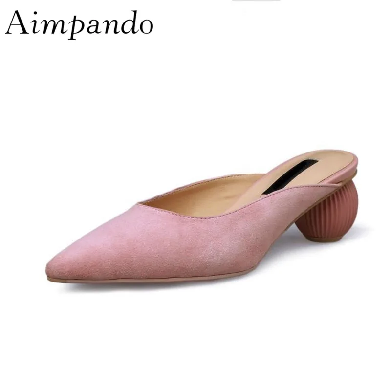 

Novelty Ball Heel Mules For Women Pointed Toe Pink Suede Shallow Slip On Shoes Strange High Heel Slippers Woman