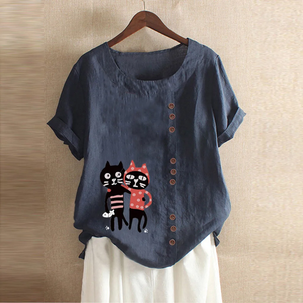 

Womens T Shirt Casual Loose Linen Plus Size Aesthetic Tops Boho Print Button Vogue daily Shirt Camiseta Mujer#3s