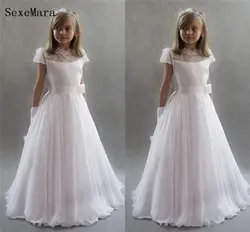 Новый маленькая принцесса Платье в цветочек для девочек для свадеб кружевной рукав-крылышко шифоновое с Диной по щиколотку платье для