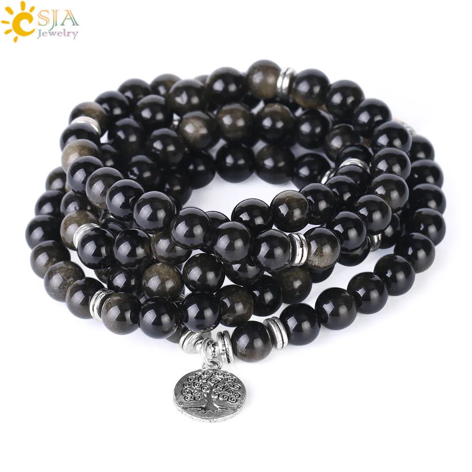 

CSJA Long Beaded Bracelet Natural Semi Precious Stone Gold Obsidian Gem Strand Bracelets Jewelry Tree of Life Charm Pendant F266