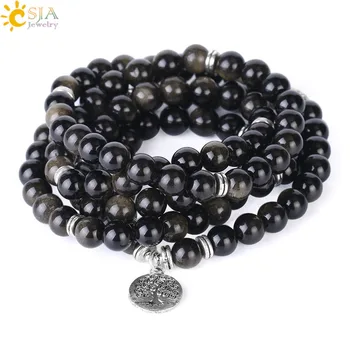 

CSJA Long Beaded Bracelet Natural Semi Precious Stone Gold Obsidian Gem Strand Bracelets Jewelry Tree of Life Charm Pendant F266