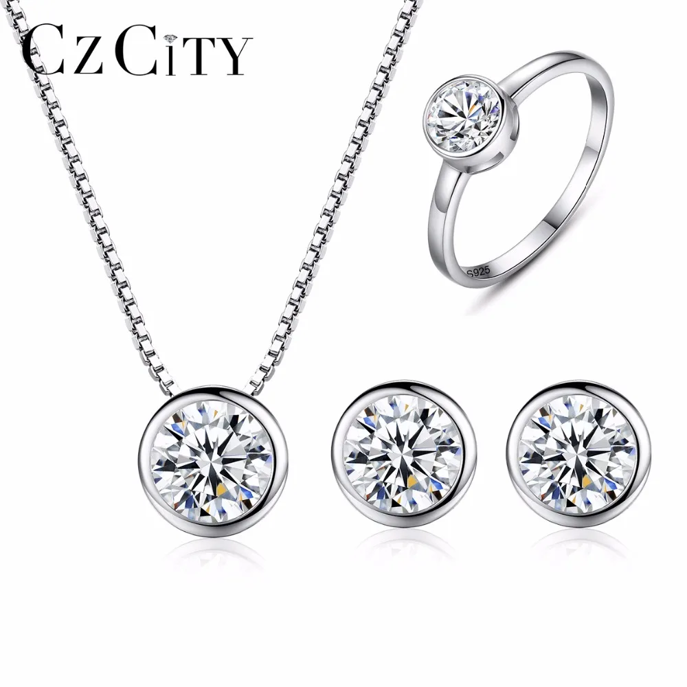 Czcity 925 стерлингов Серебряные ювелирные изделия комплект игристое одно карат CZ