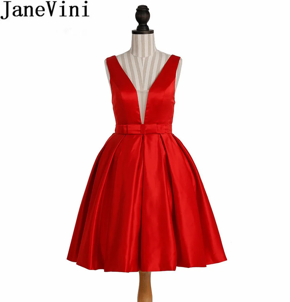 

JaneVini Vestidos Cortos Red Homecoming Dress Short Satin Deep V Neck 2018 Illusion Back Bridesmaid Dresses For Women Party Prom