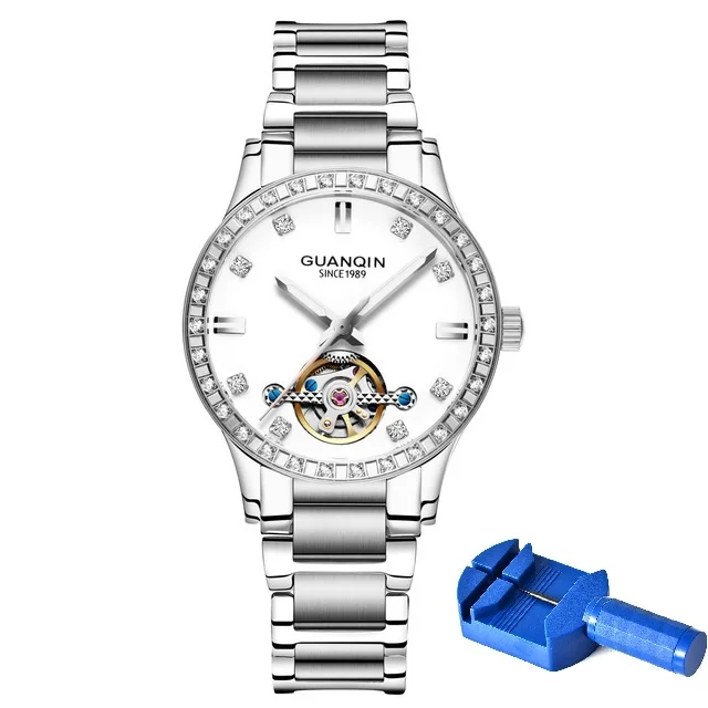 GUANQIN часы женские automatic Tourbillon светящиеся часы Скелет платье водонепроницаемые женские часы Лидирующий бренд Роскошные наручные часы - Цвет: Silver With Tool