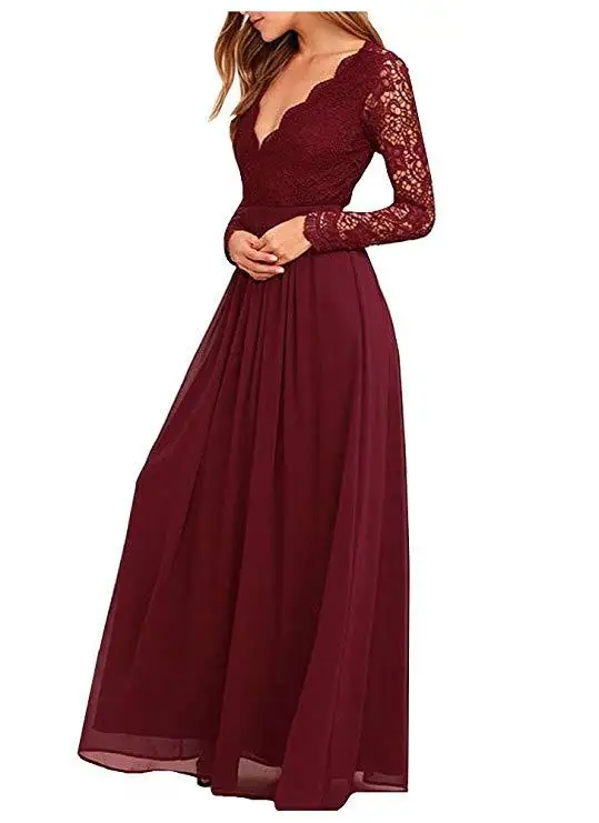 

U-SWEAR 2019 Elegant Long Sleeves Bridesmaid Dresses V-Neck Lace Chiffion Purple Dress Wedding Party Gowns Cheap Plus Size