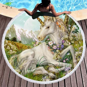 

New 3D Unicorn Round Beach Towel Painting Tassel Tapestry Floral Yoga Mat Dreamlike Towel 150cm Toalla Blanket for Adults Kids