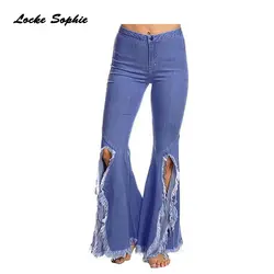 1 шт. Высокая талия женские большого размера, расклешенные джинсы для женщин 2019 летняя хлопковая смесь отверстие джинсы для женские узкие