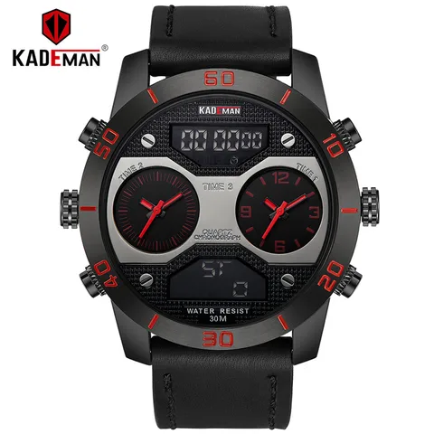 Horários dos Homens Marca de Luxo Relógios de Pulso à Prova Dial Kademan Dois Fusos Relógios Top Quartz Analógico Digital d’ Água Relógio Masculino 158 Big