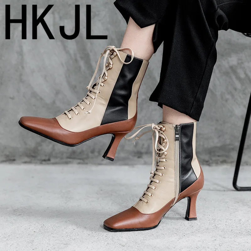 Новинка 2019 женские ботинки мартинсы HKJL с квадратным носком короткие на шпильке